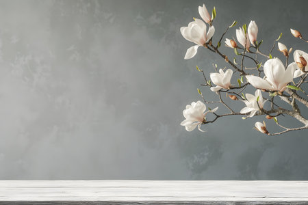 empty wooden table top with blooming white magnolia flowers,on a light gray background,place for text, product presentation design concept, layoutの素材