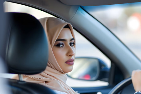 a beautiful Muslim young woman in a light hijab drives a car,side view,anti-discrimination concept,success and independence of Muslim women,cultural diversityの素材