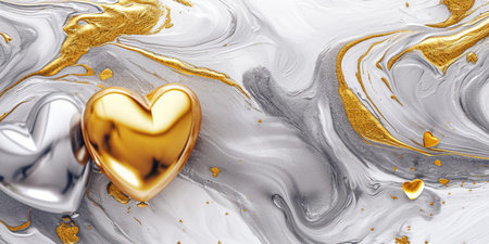 creative modern background in the style of fluid art, gold and silver hearts on a bright elegant unusual background, the concept of festive decoration for Valentine's Dayの素材