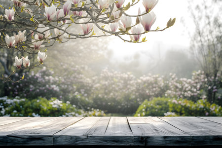 An image of an empty wooden table placed in front of a blooming tree.の素材