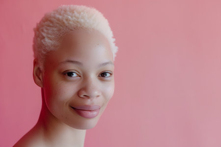 portrait of a black albino woman in close-up, looking at the camera and smiling on a pink background, the concept of diversity of peopleの素材