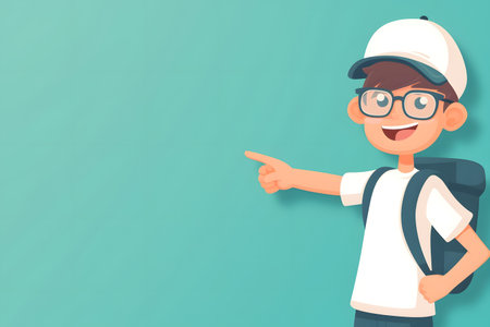 flat illustration, a boy in a baseball cap,glasses and with a backpack, a student, smiling and pointing to the side on a green background,the concept of school educational materials,copy spaceの素材