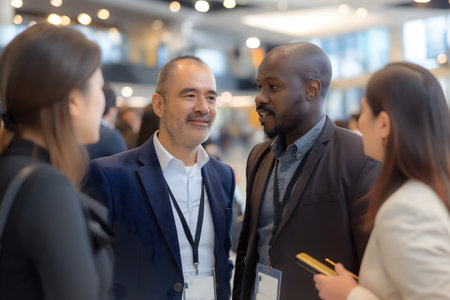A multiracial group of business people discuss new projects in the business center, the concept of corporate materials, international cooperation, educational projects, marketing and advertisingの素材