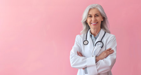 elderly modern female doctor,in professional white coat with stethoscope,stands smiling,arms crossed on her chest,pink background,concept of medical materials,an advertising banner with place for textの素材