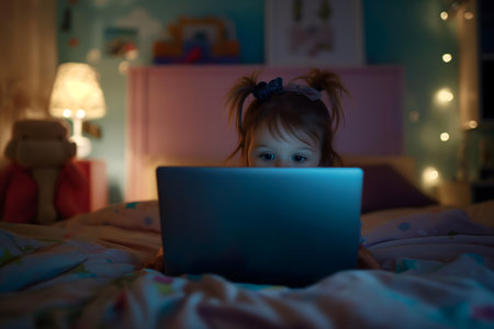 1-3 year old little girl lies on bed in children's room and uses a laptop before going to bed, concept of generation alpha, education, child development, Internet hygiene, medical, psychological researchの素材