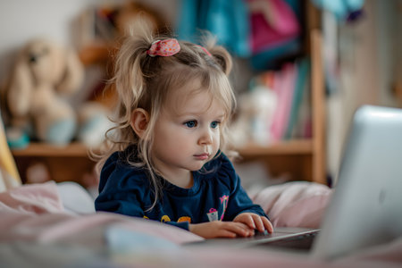 1-3 year old little girl is sitting on a bed in a children's room and using a laptop, the concept of generation alpha, education, child development, Internet hygiene, medical, psychological researchの素材