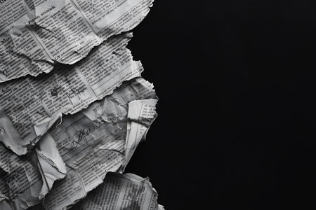 several pieces of old newspaper, torn and crumpled, lie on a black background, creating contrast, the concept of creative graphic design, marketing and advertisingの素材