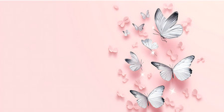 Pink background with silver butterflies, featuring sparkling light. Minimalist design with space for text. Suitable for presentations and advertisementsの素材