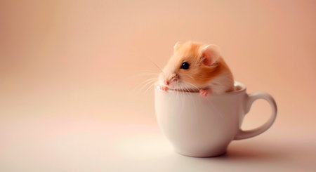 Funny animal portrait of a hamster in a white cup, great for blog headers, online banners, social media marketing, and cheerful product advertisements to engage animal lovers and pet enthusiastsの素材