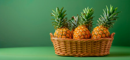 Golden pineapples in a basket on a solid green background, suitable for tropical fruit promotions, eco-friendly produce campaigns, banner with copy spaceの素材