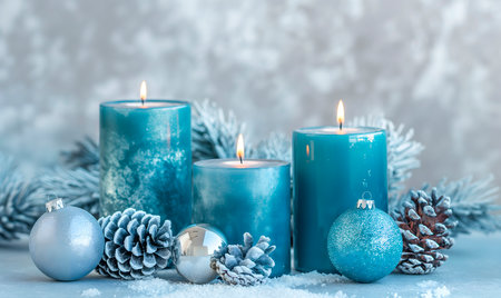 stylish holiday arrangement with blue candles and ornaments, great for festive event flyers, or adding a touch of elegance to Christmas-themed social media,copy spaceの素材