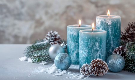 serene blue candlelit background with snowy pine cones, great for adding a peaceful ambiance to holiday apps, Christmas greeting cards, copy spaceの素材
