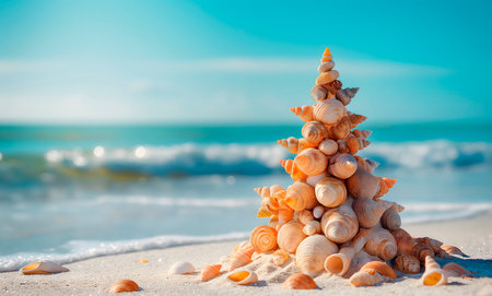 Seashell Christmas tree on a sandy beach with a bright blue sky evokes a festive and tranquil coastal holiday ambiance, perfect for seasonal marketing and travel-themed campaignsの素材
