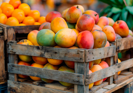 Ripe tropical mangoes in rustic wooden crates at a vibrant market capture the essence of fresh, organic produce, ideal for promoting healthy food and agricultural themesの素材