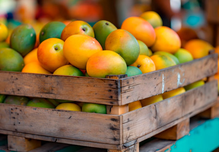 Crate of ripe mangoes at a local market, perfect for illustrating organic food, healthy lifestyle, tropical produce, or promoting eco-friendly, natural products for vegetarian or vegan dietsの素材