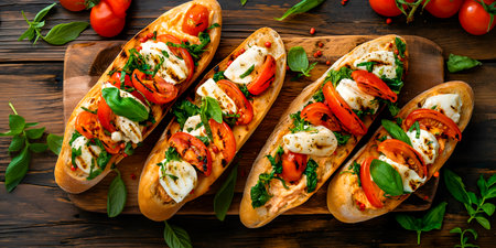 Fresh Caprese baguettes topped with sliced tomatoes, mozzarella, basil leaves, and drizzled with balsamic glaze, perfect for Italian-inspired meals, appetizers, or food presentationsの素材