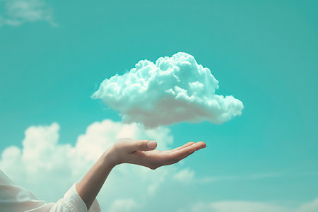 Hand gently holding a fluffy white cloud against a clear blue sky, representing imagination, freedom, and creative inspiration, perfect for concepts of mindfulness and dreamlike ideasの素材