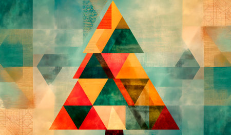 Abstract geometric Christmas tree made of colorful triangles in red,orange,yellow,green tones,set against textured teal background,perfect for modern holiday cards,creative posters,festive designsの素材
