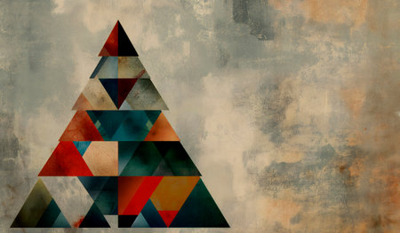 Abstract geometric Christmas tree made of colorful triangles on a textured background, perfect for modern holiday greeting cards, seasonal posters, or contemporary wall art decorの素材