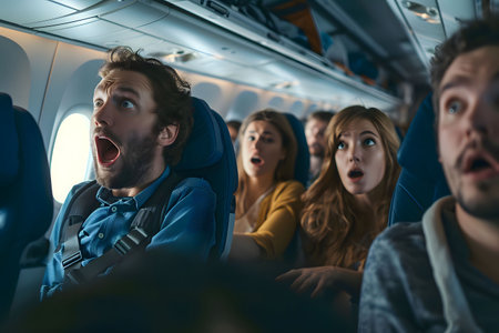Passengers with shocked expressions on an airplane, depicting an intense or alarming situation, suitable for themes related to travel anxiety, emergency scenarios, or aviation safetyの素材