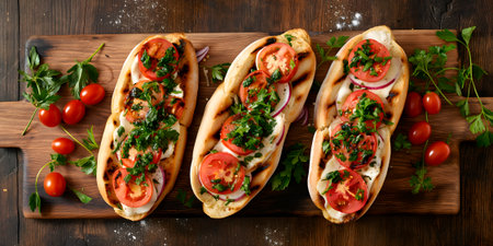 Grilled Caprese flatbreads topped with melted mozzarella, fresh tomato slices, parsley, and red onions, perfect for rustic appetizers, Italian meals, or summer gatheringsの素材