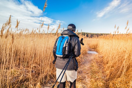 Men hiker in sport uniform with blue backpack and trekking poles goes to the forest. Male athlete in the field with high yellow grass on cold sunny dayの写真素材