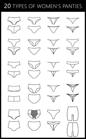 20 types of women's panties. Vector set of underwear. Silhouette panties in front and behind. string, thong, tanga, bikini, cheeky, hipster, boyshorts, classic brief, slip, high waist, retro. Black color.のイラスト素材