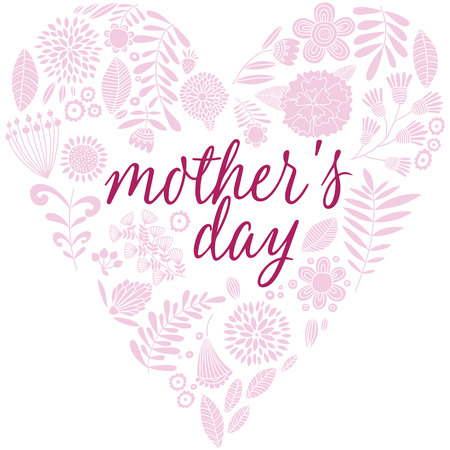 Mothers Day. Red letter writing inside a pink heart made up of flowers.のイラスト素材