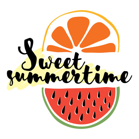 Bright vector picture with orange, watermelon and says "Sweet summertime." Suitable for cards, postersのイラスト素材