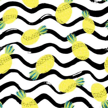 Yellow vivid pineapple on a background with waves. Pattern. Vector composition.のイラスト素材