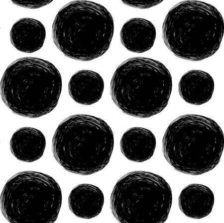 Hand drawn seamless pattern. Black and white, grunge textured monochrome vector illustration. Brush made abstract background. Hipster monochrome texture with circles or rounds. Trendy graphic design.のイラスト素材