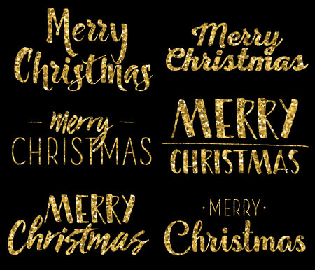 Merry Christmas - six unique gold  lettering design elements isolated on white backgground. Design label for congratulation cards, banners and flyers.のイラスト素材