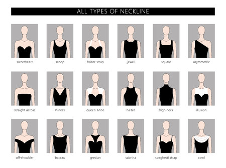 Vector illustration set of various neckline types for women's' fashion. Vector in flat linear style.のイラスト素材