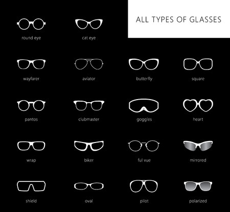Flat vector glasses big set illustration. Collection of different of rim glasses types - round, square, cat eye glasses. Different style - hipster, retro, vintage, modern, classic.のイラスト素材