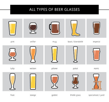 All types of beer glasses, different colors. Icon set in flat style. Different forms of glasses. Vector.のイラスト素材
