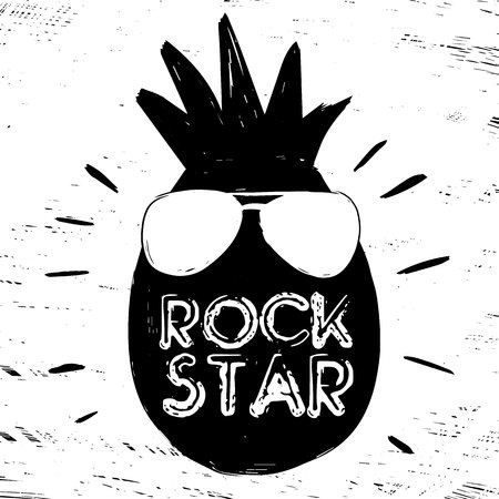 Quote Rock Star. Fashionable calligraphy. Vector illustration on black and white illustrated cool pineapple with sunglasses. Motivation and inspiration. Elements for design. Youth greeting.のイラスト素材
