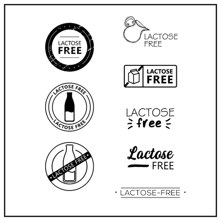 Lactose free icons on white background. Lactose-free drawn isolated sign icon set. Healthy lettering symbol of lactose free. Black and white lactose-free vector logos for products.のイラスト素材
