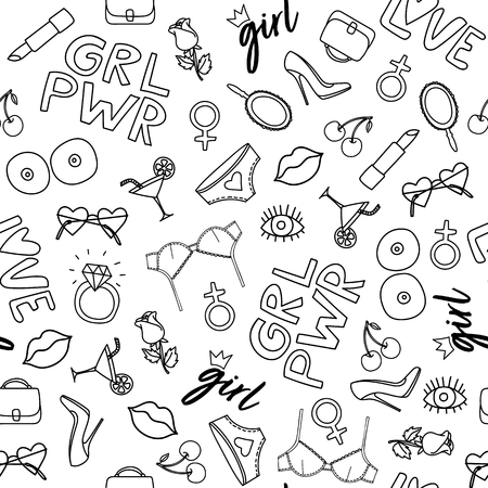 Doodle style illustration with girl symbols. Seamless pattern with different "Girl power"l symbols."Grl pwr" simbols: lips, lipstick, eye.のイラスト素材