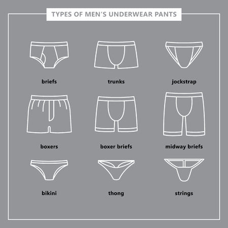 All types of men's underwear pants.Thong, bikini, briefs, boxer, trunks, jockstrap, thong, strings.のイラスト素材