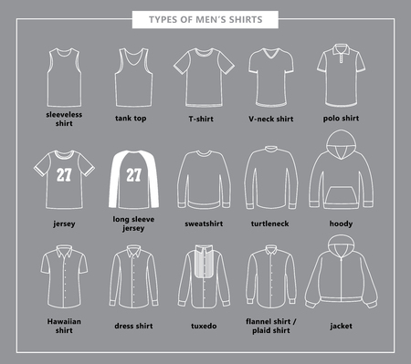 Types of men's shirts with names. Vector outline illustration. Set of men's T-shirts: jacket, tuxedo, dress shirt, hoody, jersey, sweatshirt, turtleneck, tank top, V-neck shirt, polo shirt, sleevelessのイラスト素材