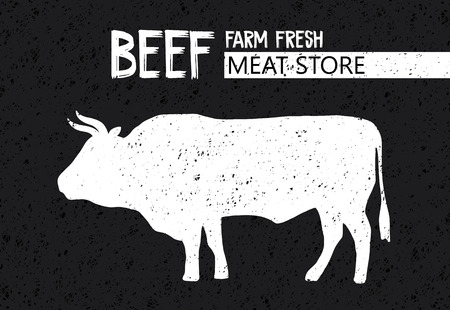 Vintage and retro print, poster for Butchery meat store with text, typography Beef, Meat Store, Farm fresh and bull silhouette. Design template for steak, meat business, meat shop.のイラスト素材