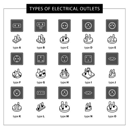 Types of sockets in different countries of the world. Illustration with a line, outline composition from a set of different outlets and power plugs. Vector illustration. - Vector.のイラスト素材