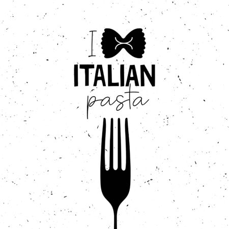 Black and white clipart for T shirt poster banner typography design packaging with hand drawn lettering I love Italian pasta. Sketch inscription. Vector illustration.のイラスト素材