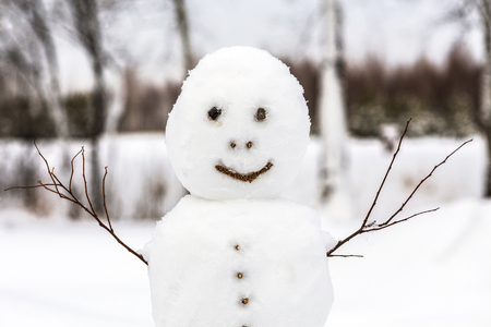 Snowman with tree branches in the winter parkの写真素材