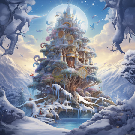 Fantasy winter landscape with a big christmas tree and full moonの素材