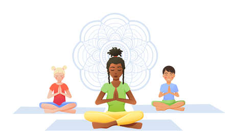 diverse children with instructor on meditation mat in lotus position doing yogaのイラスト素材