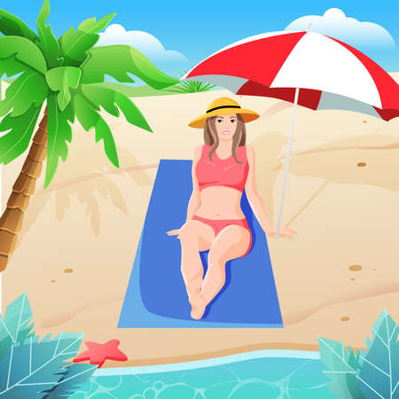 A beautiful girl in a hat is sunbathing on the beach among palm trees, an umbrella and waterのイラスト素材