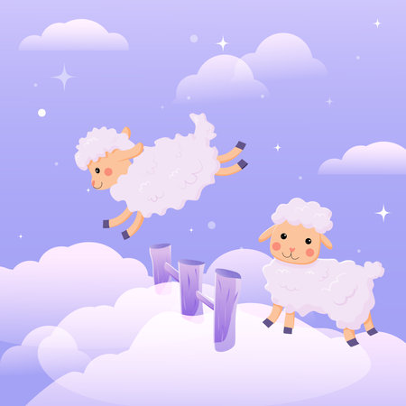Sheep jumping on the clouds at night (insomnia, counting sheep). vector bannerのイラスト素材