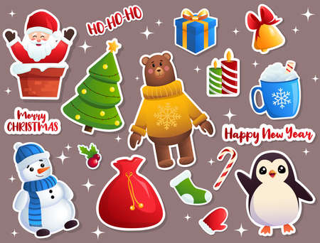 set of Christmas stickers, santa, penguin, snowman, Christmas tree, merry christmas, happy new year, ho-ho-ho, bear, candles, bell, lollipop, holly, bag, sock, mitten, gift, egg-noのイラスト素材