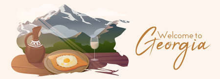Welcome to Georgia. Travel. vacation. mountain view. Khachapuri, white wine and jug. Vector. Poster, Banner, Web, postcard, calendar.のイラスト素材